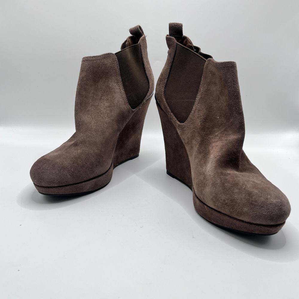 Jessica Simpson Corbyn Brown Suede Wedge Ankle Boots Metallic Heel Size 9M